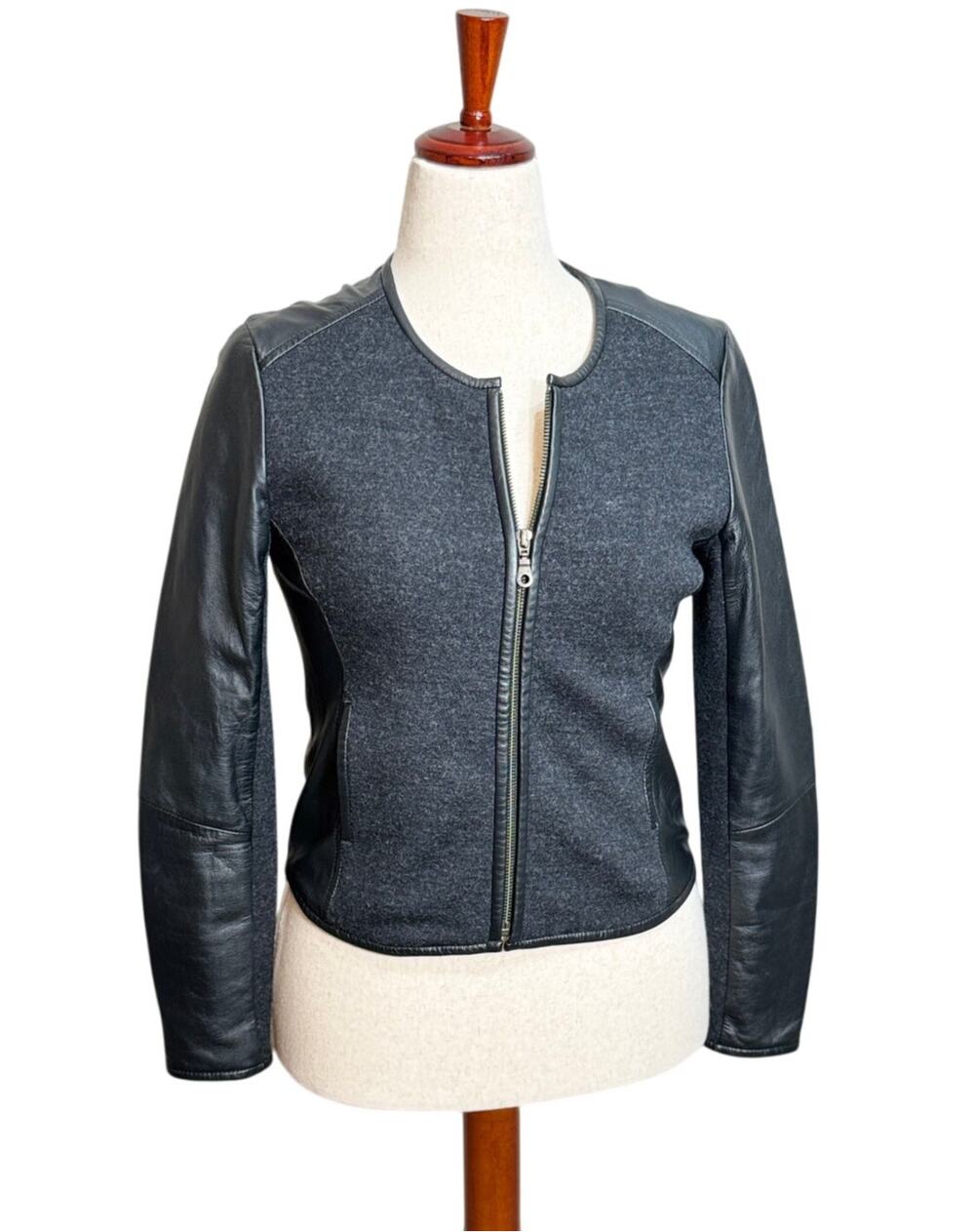 Eileen Fisher moto jacket black gray 100% wool & leather lined zip up Sz XXS